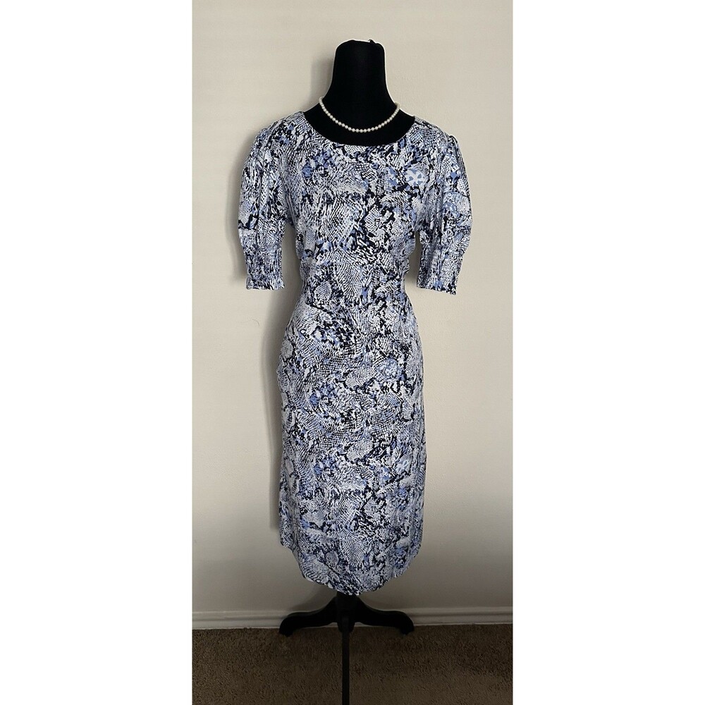 Chico's Blue Veil Snake Print Smocked Puff Sleeve Midi Dress W/ Pockets Size 0